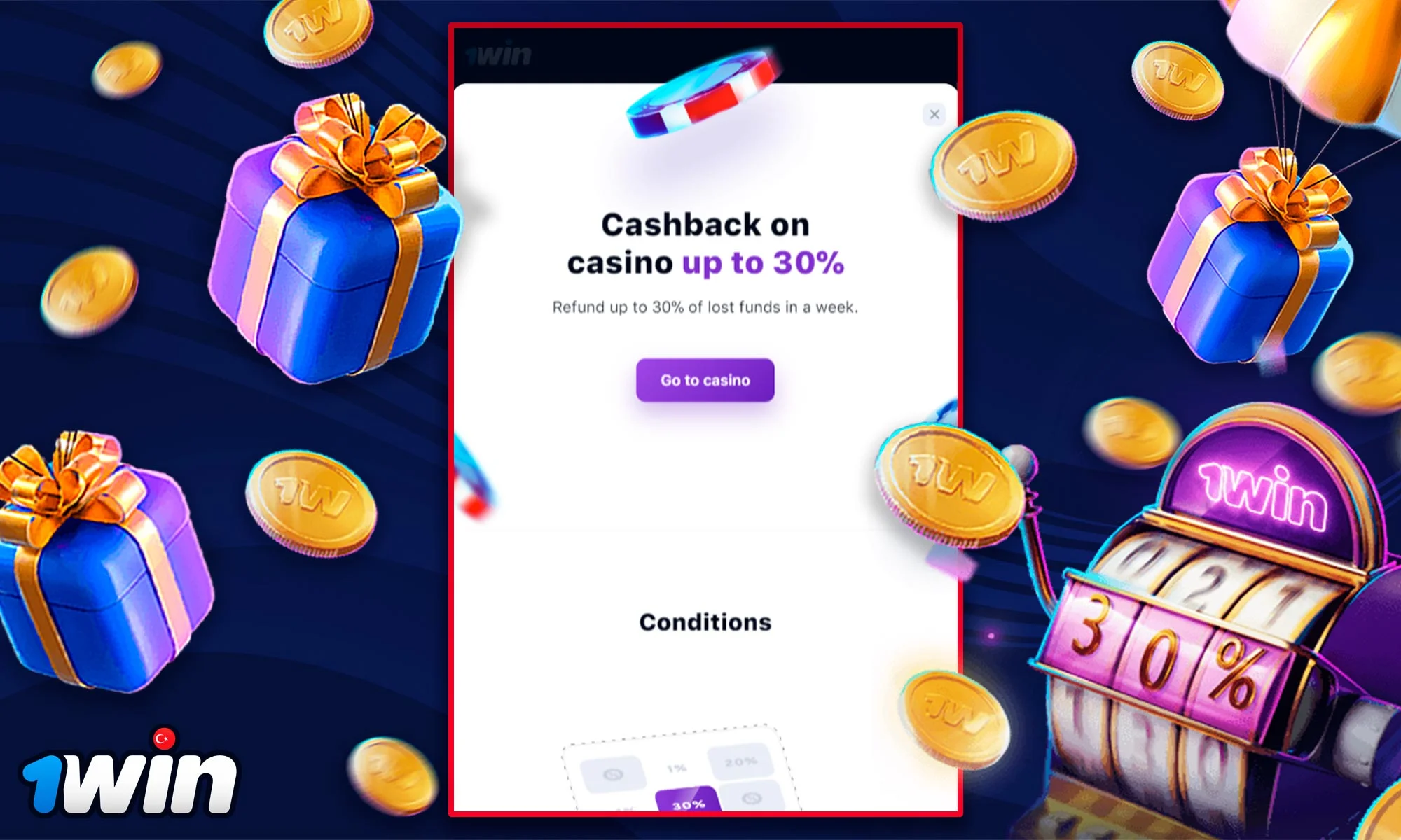 Information about up to 30% cashback at 1Win Casino